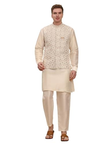 Pro-Ethic Style Developer Mens Indian Traditional Silk Kurta Set With Jacket For Men Floral Design (C-112) Cream XX Large