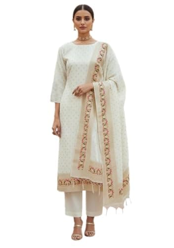 Indya White Printed Silk Blended Straight Kurta Set for Festive | 3/4 Sleeve | Crew Neck | Indian Ethnic Wear