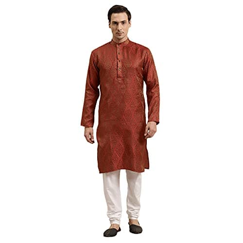 Sojanya (Since 1958 Men'S Jacquard Silk Red & Gold Kurta & Off-White Churidar Pyjama Set,Size 42