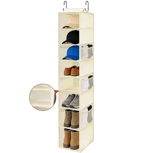 VERONLY Hanging Shoe Organizer for Closet with 8 Shelves,Mesh Pockets-Wider Hanging Shelves for Shoes,Clothes,Hats with Sturdy Bamboo-Supported Design (Beige)