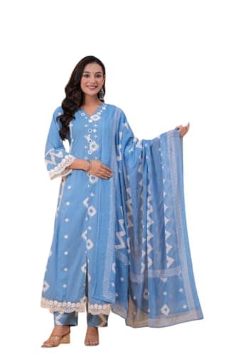 Archy Creations Traditional Anarkali Kurta Set with Pants and Dupatta, Cotton, Red Floral Print, 3/4 Sleeve (Sky blue, XX-Large)