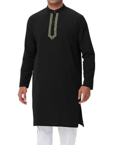NANAMEEI Mens Kaftan Thobe Button Down Kurta Tops Long Sleeve Robe Muslim Gown,Black,L