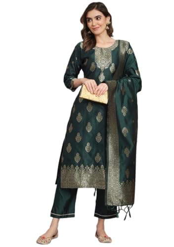 Indya Green Jacquard Cotton Straight Kurta Set for Festive | 3/4 Sleeve | Crew Neck | Salwar Kameez