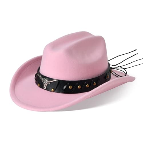 Willheoy Kids Cowboy Hat for Girls Boys Western Cowgirl Hat with Buckle Belt Unisex Wide Brim Fedora Hat Dress Up Costume (US, Numeric, 6 1/2, B-Pink)