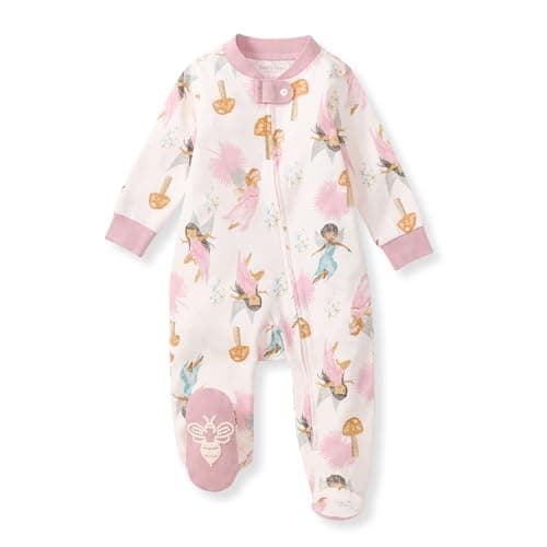 Burt's Bees Baby Organic Cotton Sleep and Play Footed Pajamas for Girls, Zipper PJ Newborn Sleeper with Non-Slip Bee Grips
