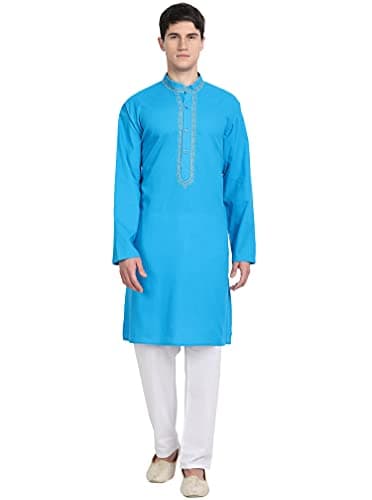 SKAVIJ Men's Pure Cotton Thread Work Kurta Pajama Set Woven Design Festive Party Dress (KP077turquoise_Turquoise_S)