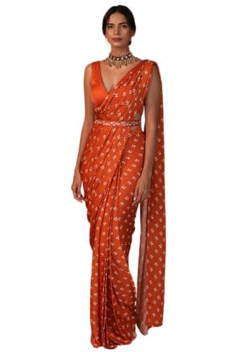 BE4ME.COM Alia Bhatt Floral Printed Satin Silk Saree - Celebrity Inspired Bollywood Partywear (Orange 1)