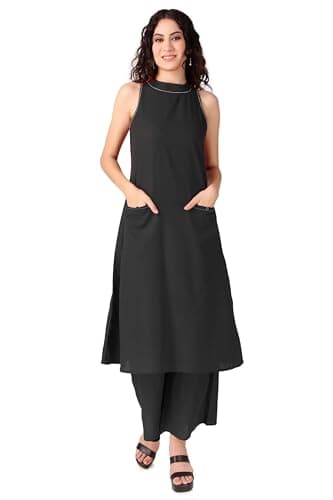 ladyline Beautiful Halter Neck Handwork Kurta with Pants Set Kurti Tunic Pocket Palazzo Pant (CEKP SCHL1190) (38/ Black)