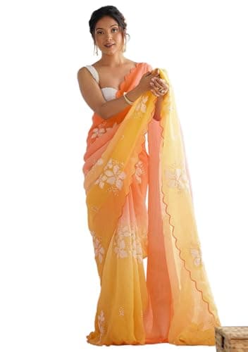 Indya Orange Yellow Embroidery Silk Blend Saree Set | Perfect for Festive & Party Wear