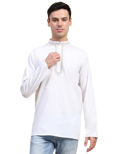 SKAVIJ Mens Cotton Henley Shirts Casual Band Collar Kurta Long Sleeve Embroidered T-Shirt (X-Large, White)