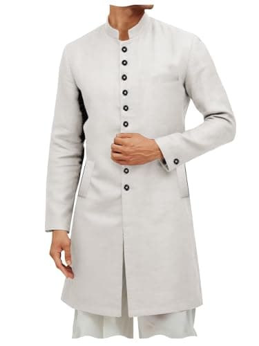 ONAXTDA Mens Stand Collar Linen Cotton Kurta Sherwani Coats Kaftan Spring Summer Micro Stretchy Long Outerwear Ivory M