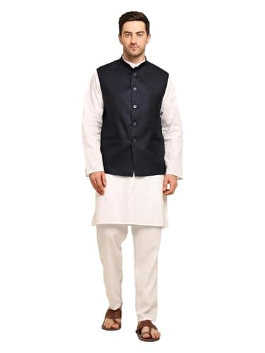 ITOS365 Men’s Cotton White Kurta Pajama with Navy Blue Art Silk Nehru Jacket | Ethnic Wear for Wedding & Festive – L