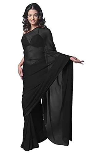 themilestocks Women's Bollywood Chiffon Plain Sari Festival Uniform Saree Wrap Fabric Unstitched Blouse Piece Party Wear (Black),One Size: Width about 1.20 Yard; Length: 6.20 Yard