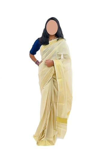 Kerala Tissue Cotton Set Saree For Women In 3" Golden Kasavu With Running Blouse Piece.