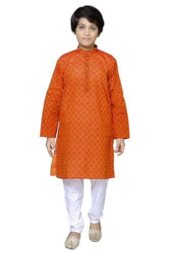 BABA AND BABY boys ethnic wear cotton handloom dobby orange colour kurta pajama set (Orange650, 11-12 Years)