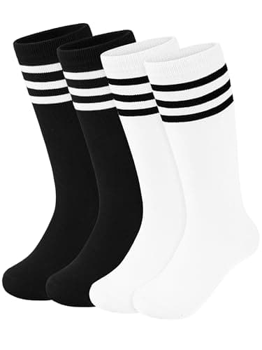 Hryrbay 2 Pairs Kids Soccer Socks Toddler Girls Knee High Socks Uniform Sock Three Stripes for Boys Girls (Black,White,9-12 Years)