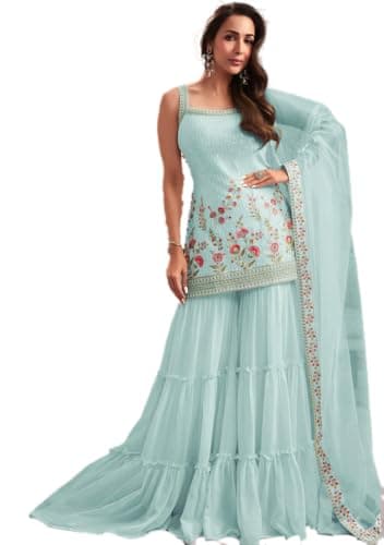 Indya Sky Blue Embroidered Georgette Sharara Set | Perfect for Festive Wear | Sleeveless