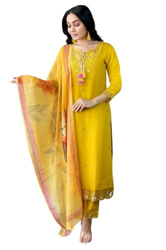 ELEGANZA FASHION Indian Women's Mustard Chanderi Silk Embroidered Kurta with Pant and Dupatta Set