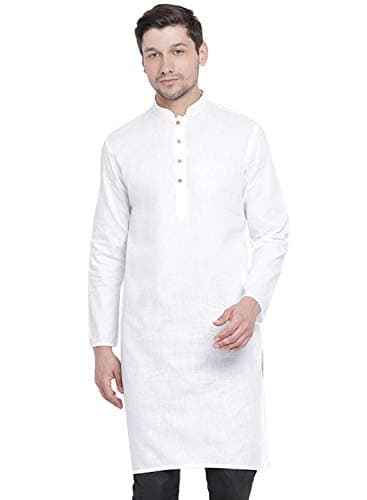 VASTRAMAY Men's White Cotton Linen Blend Kurta