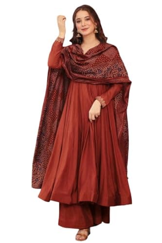 The Red Lion Enterprise Women's Long Anarkali Gown with Embroidered Dupatta Perfect for Weddings & Festive wear (Rust, XX-Large)