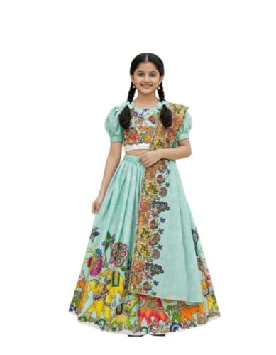 OQQTOO Girls Lehenga Choli Set Kids Festival Wear, Tweel Cotton Traditional floral Design,3-Piece Wedding/function Dress. (sky, 3-4years)