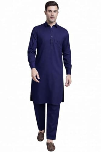 Maple Clothing Punjabi Kurta Pajama Set Solid Color Pathani Indian Clothes for Men (Navy Blue, M)