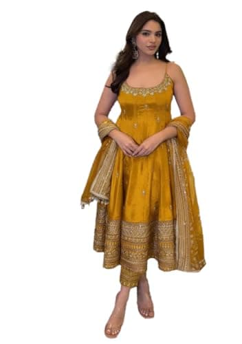 Indya Yellow Embroidered Silk Blended Anarkali Set for Haldi | Sleeveless | Square Neck | Salwar Kameez | Kurta Set