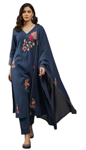 The Red Lion Enterprise Chanderi Silk Embroidered Salwar Suit Set with Dupatta for Women Festive Ethnic Wear (US, Alpha, X-Large, Regular, Regular, Blue)