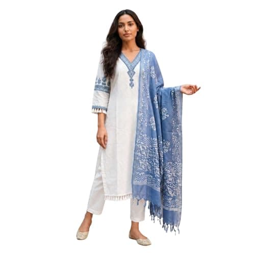 SANJHEYA- CRAFTED TO BELONG Women Cotton Kurta Pant Dupatta Set 3 Piece Ethnic Outfit, White Straight Kurti with Blue Printed Dupatta(X-large)