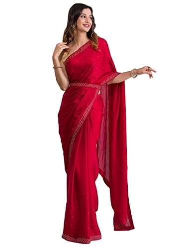 TRENDMALLS Women's Moss Chiffon Siroski work Saree with Belt Unstitch Blouse Piece (K961-Red)