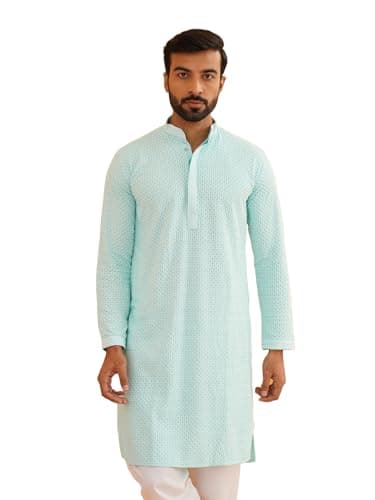 Sojanya (Since 1958 Men'S Cotton Embroidered Thread Work Sky Blue Long Kurta