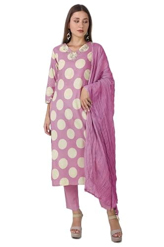 ladyline Womens Cotton Ethnic Salwar Kameez - Polka Dots Printed Hand Work Gota Patti Embroidered (CPESK PRL1820) (38/ Pink)