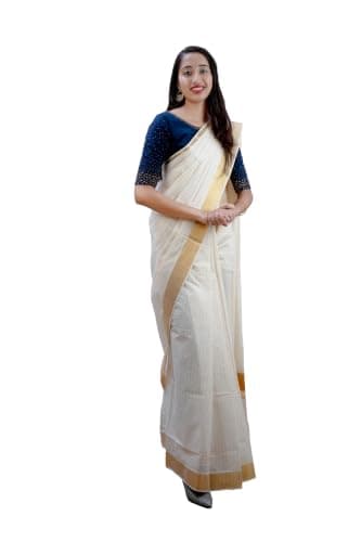 Malayali Fashion Kerala Traditional Set Saree Ready To Wear for Women In Pure Cotton With 3 Inch Golden Kasavu Border (Checks)