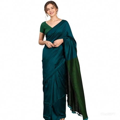 Grahasht Pure Cotton Saree for Women with Blouse Piece, Soft Traditional Indian Sari for Party Wear, Wedding, Festival (Teal Green)