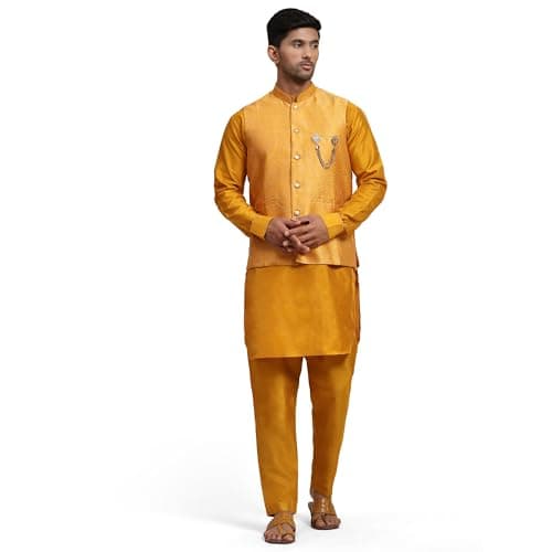 Pro-Ethic Style Developer Silk Kurta Set for Men's with Floral Jacket (Waistcoat) Traditional Ethnic Wear Indian Wedding & Party outfit Set (C-110) Mustard S