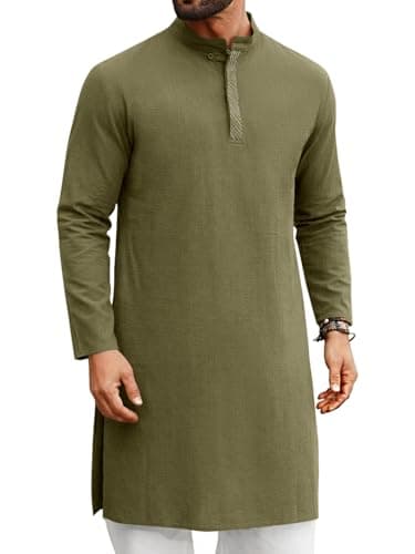 Runcati Mens Kaftan Thobe Long Sleeve Casual Henley Shirts Button Down Kurta Cotton Linen Muslim Gown Robe Army Green