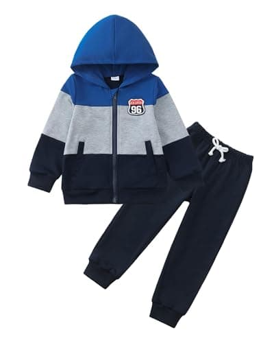 NZRVAWS Boy Clothes 7-8T Kids Boy's Jacket Color Block Fall Winter School Outfits Zip up Sweatshirt Hoodie Pants Set Blue
