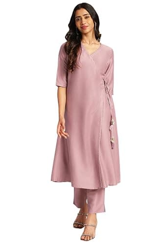 Janasya Indian Women's Lavender Solid Festive Wear Kurta Set for Women