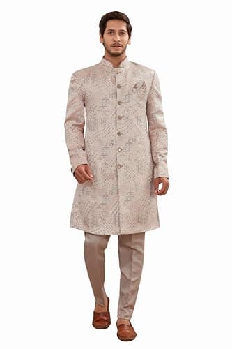 Lady Dwiza Indian Designer Wedding Festive Wear Men's Jacquard Indo-Western Sherwani Pajama Set