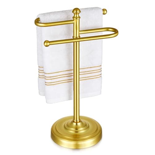 Hand Towel Stand,304 Stainless Steel Hand Towel Holder for Bathroom Kitchen Counter，14.5 Inch S-Shape Weighted Base Standing Hand Towel Rack Bar Holds 2 Towels (Gold)