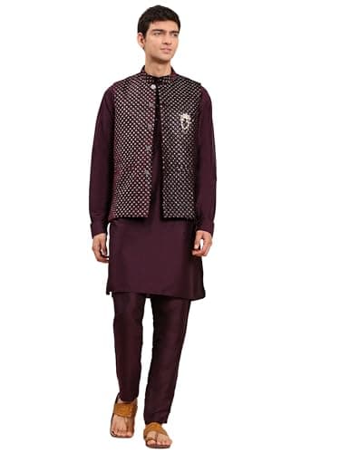 Pro-Ethic Style Developer Mens Indian Traditional Cotton Kurta Set With Velvet Jacket (Waistcoat) For Men (C-115) Maroon Large