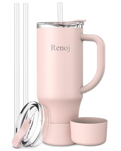 Renoj Insulated Mug 100% Leak Proof Insulated Water Bottle for Iced Coffee & Hot Drinks - Fits Car Cup Holder, Ideal Gift, 2 Straws & Silicone Boot - SnapShift Light Pink 40 oz