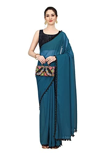 Sidhidata Women's Georgette Pom-Pom Lace Boardered Saree With Unstitched Blouse Piece (Zomato Rama_Rama_Free Size)