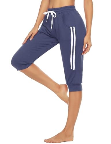Marvmys Womens Cotton Capri Sweatpants Lightweight Sports Cropped Joggers with Pockets Navy Blue XL