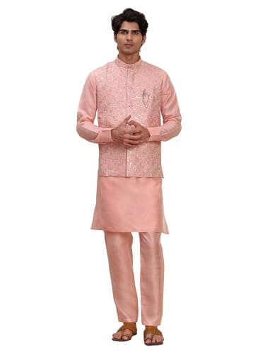 Pro-Ethic Style Developer Men's Cuffed Sleeves Silk Kurta and Trouser Set with Waistcoat (Nehru Jacket) (C-119) Peach XXXX-Large