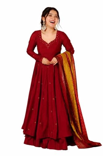 ELEGANZA FASHION Women’s Cotton Printed Anarkali Kurta With Palazzo & Dupatta Set (US, Alpha, Small, Regular, Regular)