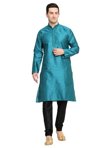 ITOS365 Men's Tunic Art Silk Kurta Pajama Pyjama Set with Embroidery Work Indian Clothing Wedding Party Dress Gifts Items Blue Large