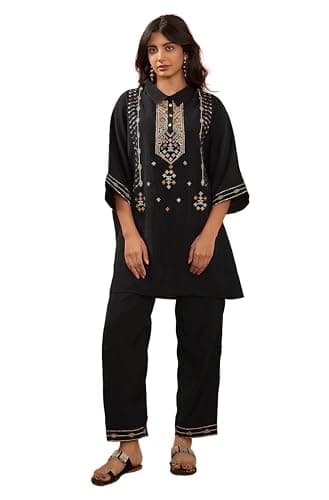 Janasya Indian Women's Black Festive Embroidered Kurta Set for Women