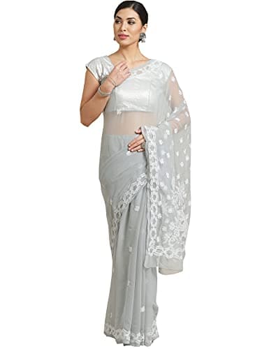 Ada Indian Hand Embroidered Chikankari Women's Grey Georgette Saree with Unstitched Blouse Piece A219501