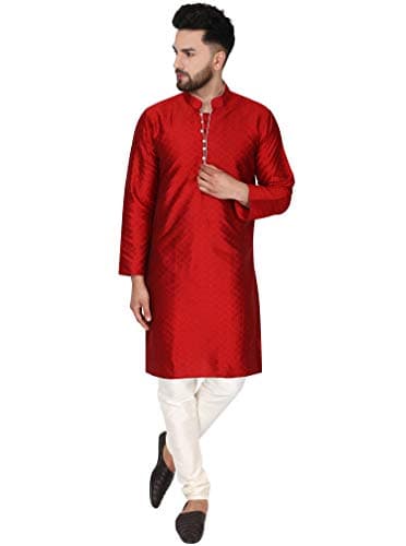 SKAVIJ Men's Art Silk Woven Design Kurta Pajama Set Festive Jacquard 2-Piece Ethnic Dress (KP041red_Red_XL)